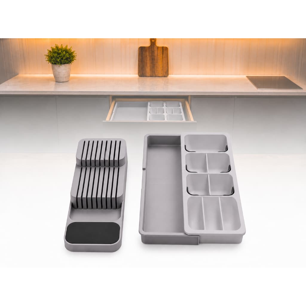 Kit Organizador Gaveta Cozinha Porta Talheres Extensível e Suporte Organizador de Facas e Escorredor de Louça com Tapete