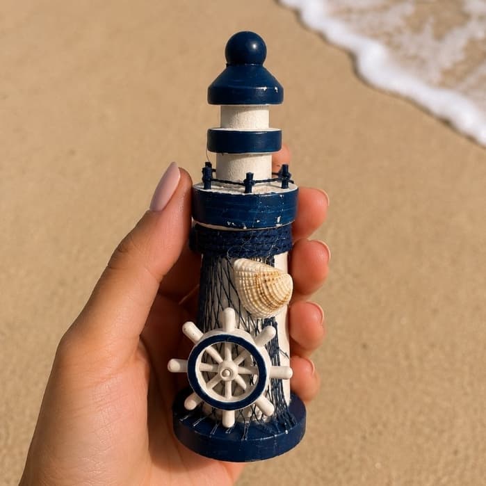 Farol Decorativo Nautico Madeira Azul Branco Com Rede Concha Enfeite Praia Mesa 13cm