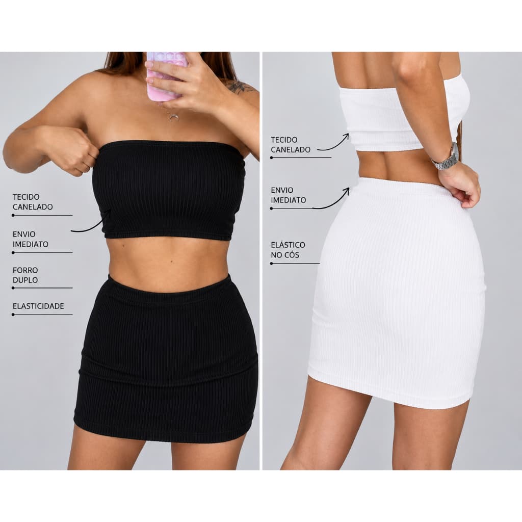 Conjunto Cropped Top Faixa Tomara que Caia, Saia Curta Canelada - Conjunto Canelado  - Envio Imediato