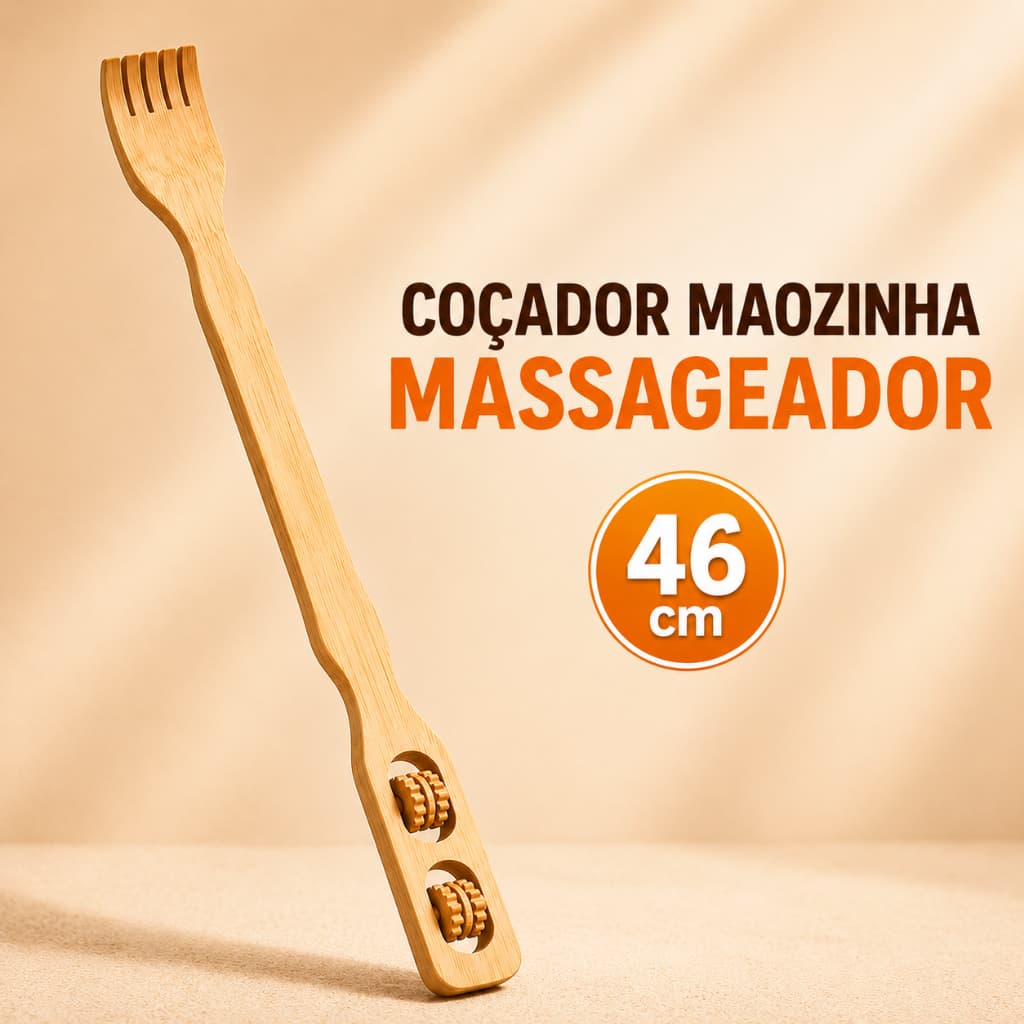 Coçador de Costas Maozinha Bambu 46cm Massageador Manual Cabo Longo