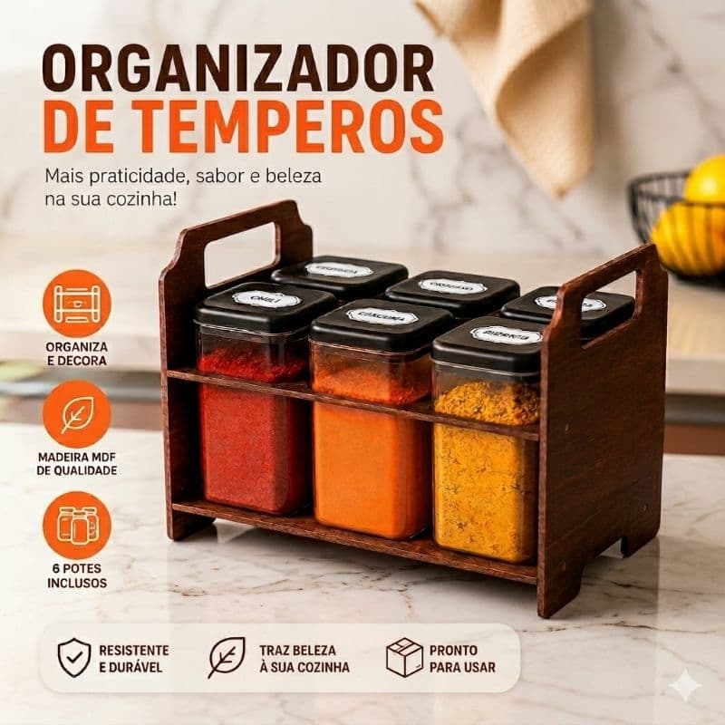 Bandeja Caixote Porta Temperos Mesa ou Bancada MDF Pintado com 6 Porta Condimentos + Adesivos