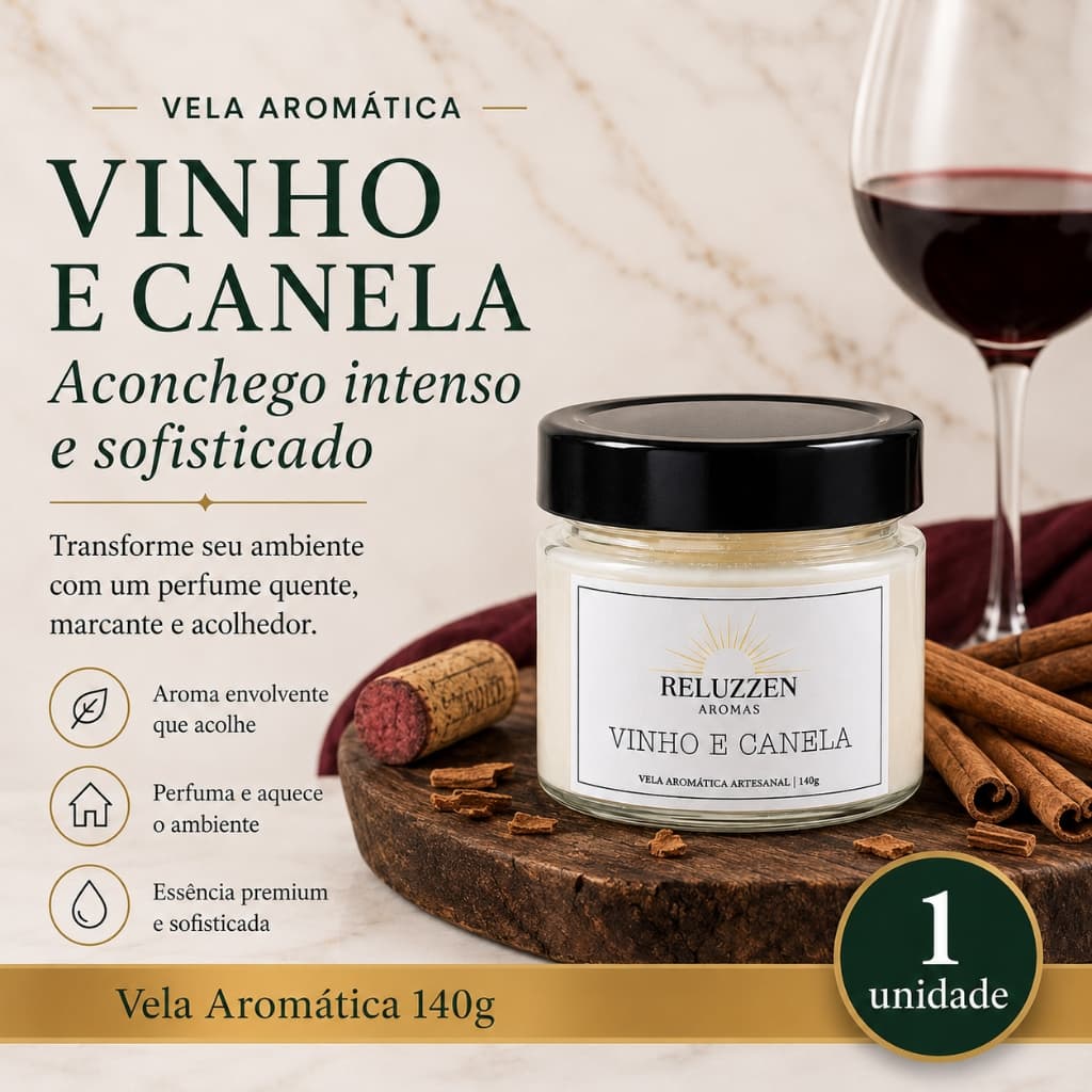 Vela Aromática Vinho e Canela 140g Artesanal Perfumada Decorativa para Ambiente
