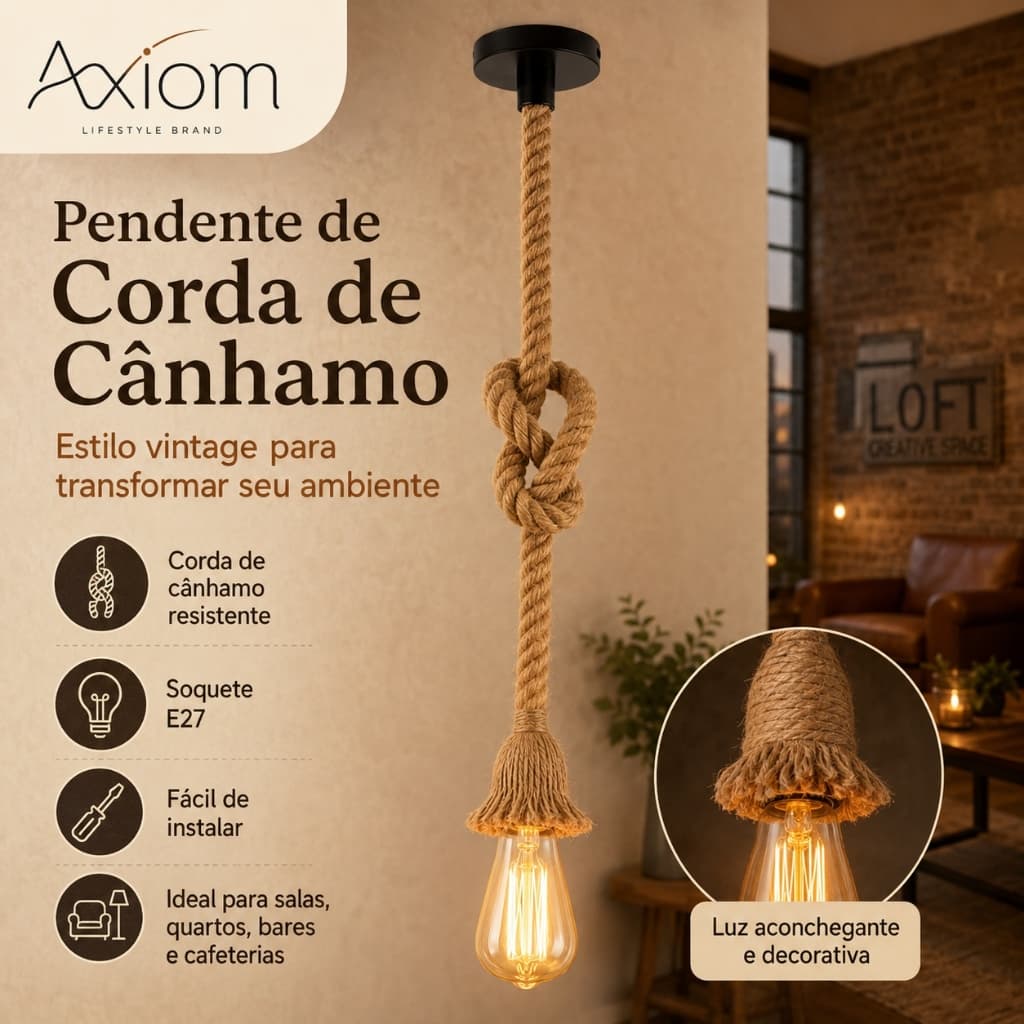 Pendente Corda de Cânhamo Axiom Lustre Rústico Vintage E27 Retro Gourmet Área Teto