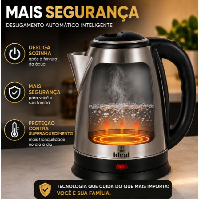 Chaleira Elétrica Inox 1,8L 1000W 127V Desligamento Automático Água Quente Rápida Ideal