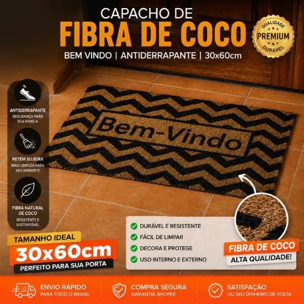 Capacho Fibra de Coco Bem Vindo Tapete para Porta Entrada Antiderrapante 30x60 Varias Estampas