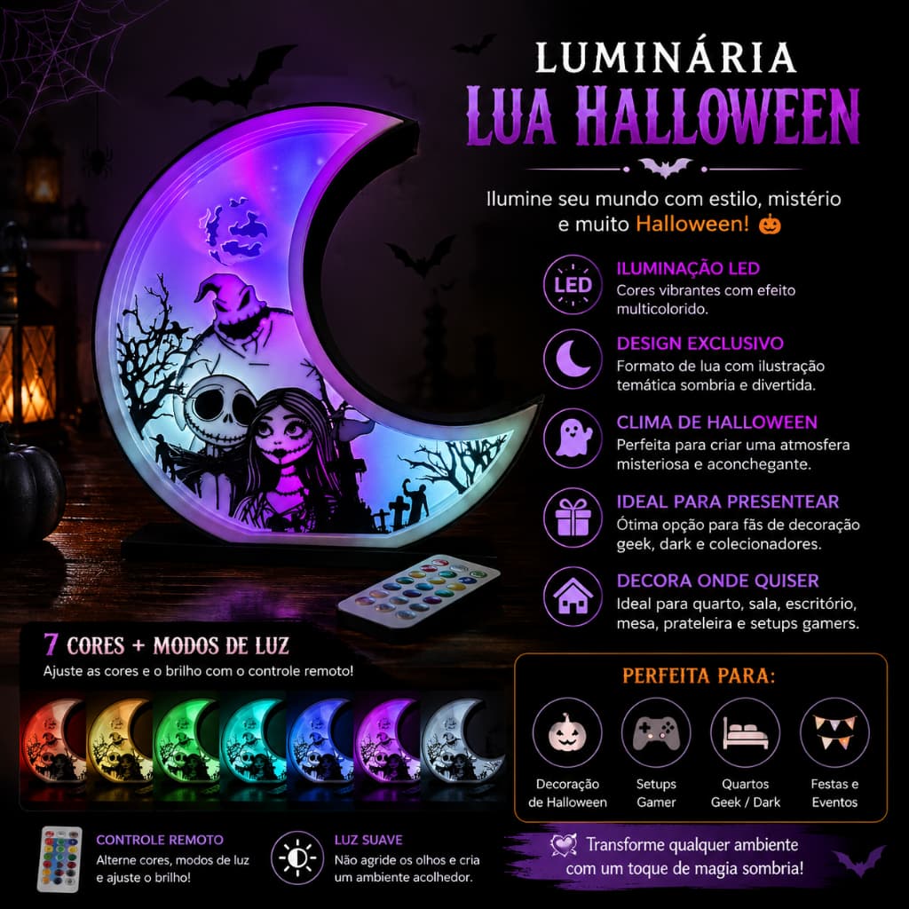 Luminária Lua Halloween LED c/ Controle Remoto | Decoração Geek | Jack Esqueleto | Dia dos namorados