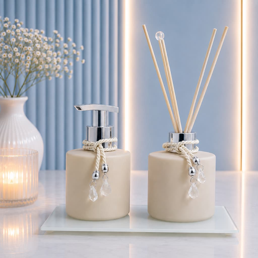 Kit Lavabo Bege Porta Sabonete e Aromatizador de Ambiente Bandeja Lapidada