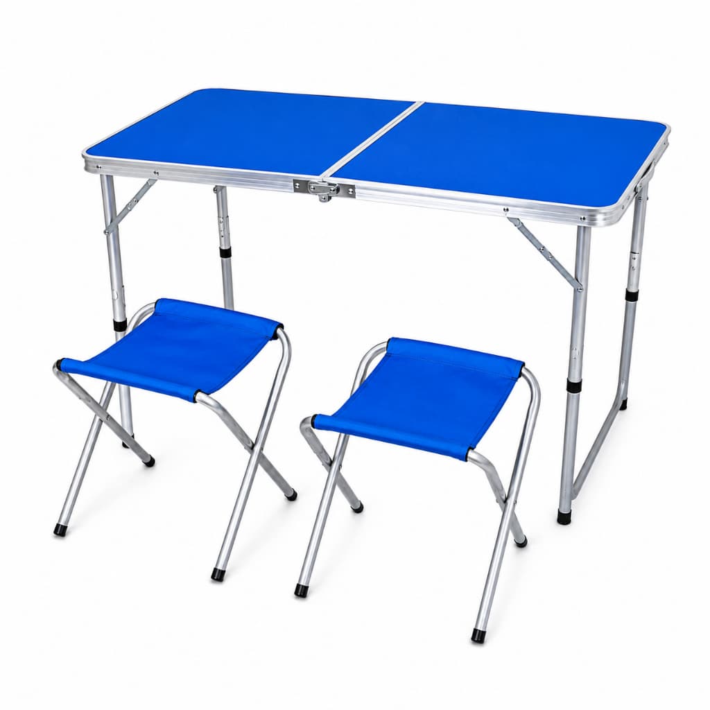 Mesa Dobrável Portátil Azul com 2 Bancos 120x60 – Compacta, Resistente e Fácil de Transportar