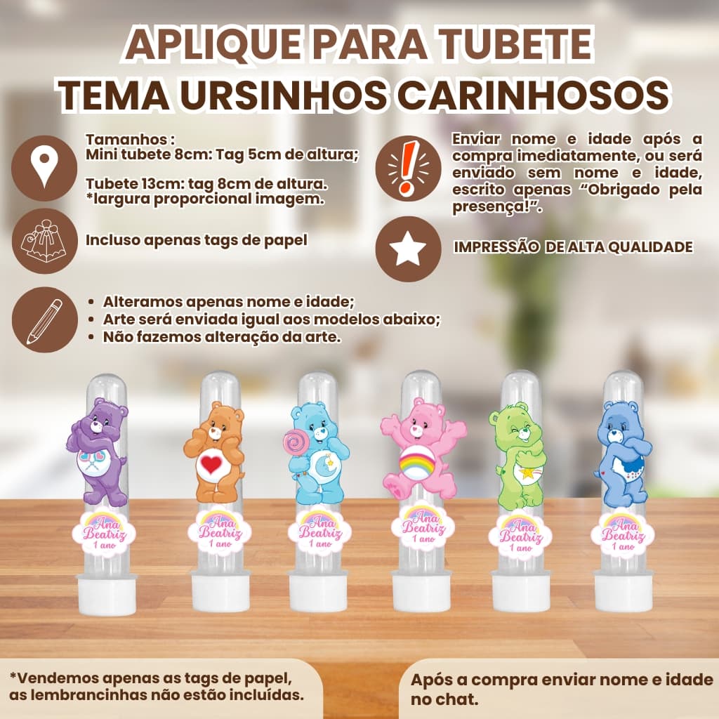 Apliques para Mini Tubete 8cm ou Tubete 13cm 3d Tema Ursinhos Carinhosos | Tag Personalizado Nome e Idade