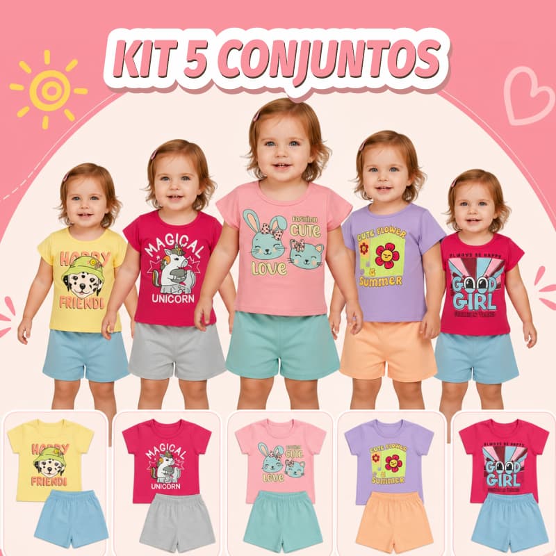 Kit 5 Conjuntos Verão Menina | Roupa Bebe Infantil Tamanho 1 e 2 anos | Confortável Creche Sortido