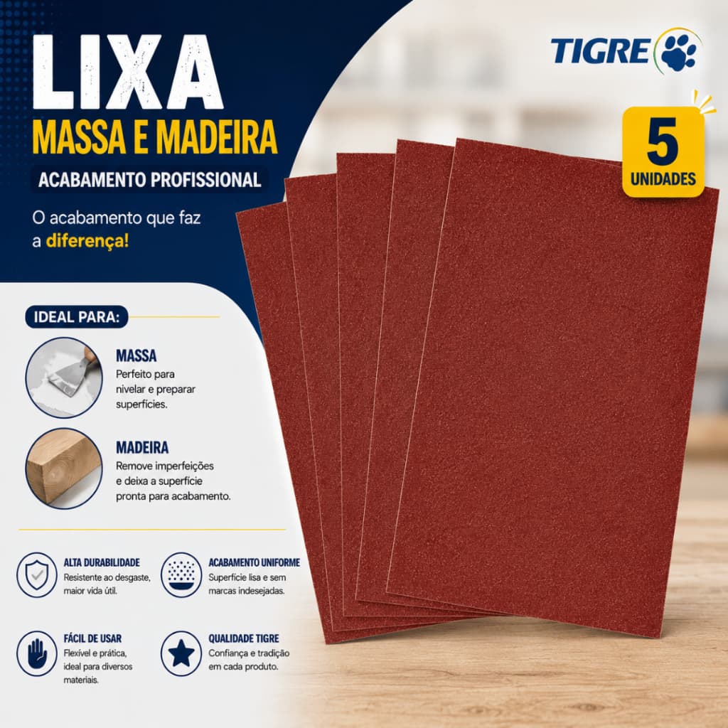 Lixa Para Massa Parede Madeira Grão 60 ao 220 kit 5 Unidades Tigre