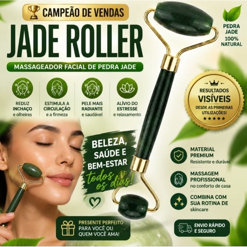 Jade Roller Anti Estresse e Anti Rugas Rolo Massageador Facial para Relaxamento, Drenagem e Skincare