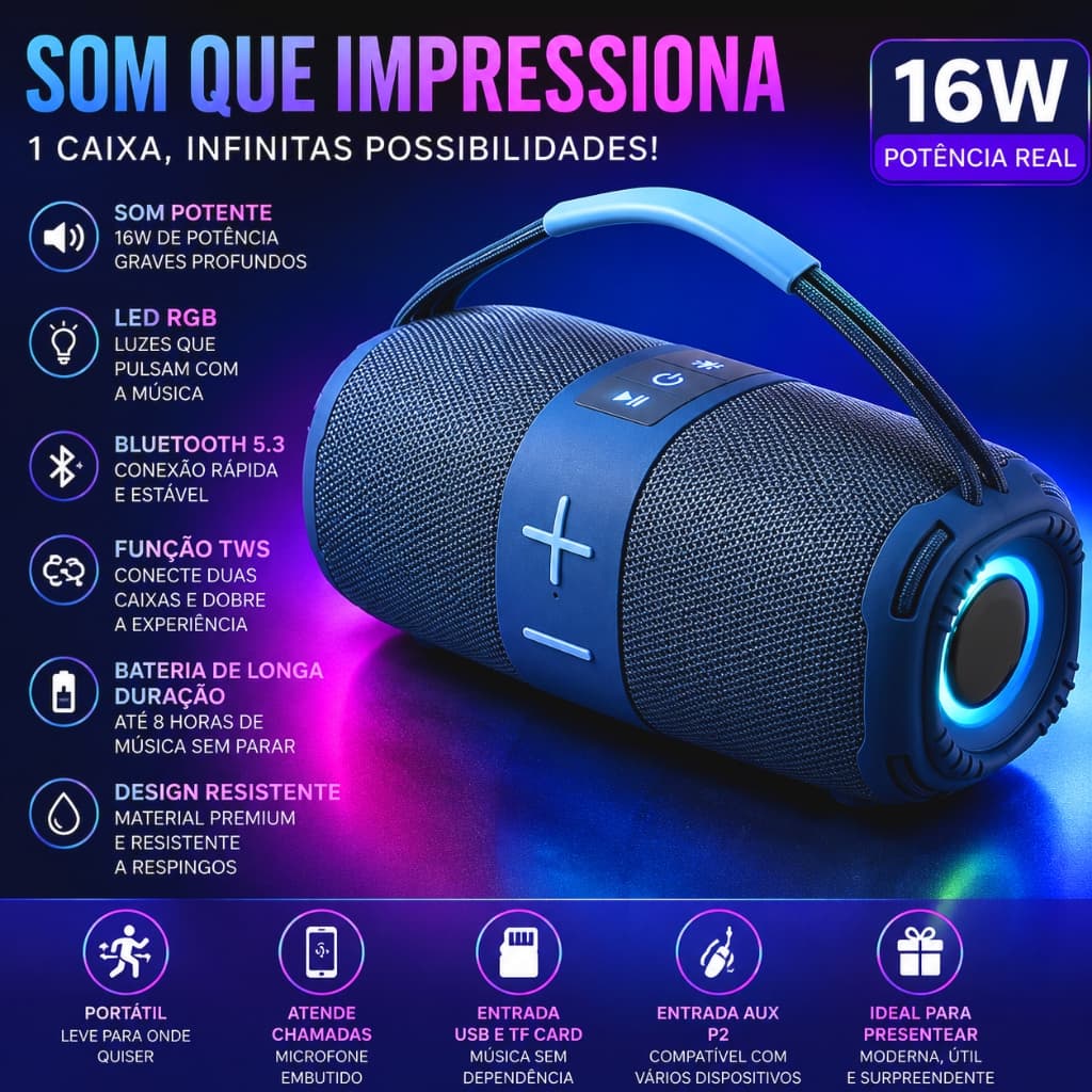Caixa de Som Bluetooth Portátil 16W Potente À Prova d’Água IPX6 USB Sem Fio para Exteriores e Festa