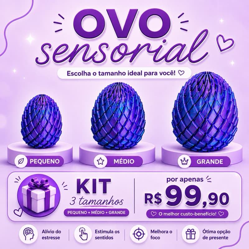 Ovo Sensorial Articulado 3D Antiestresse Kit 3 Tamanhos