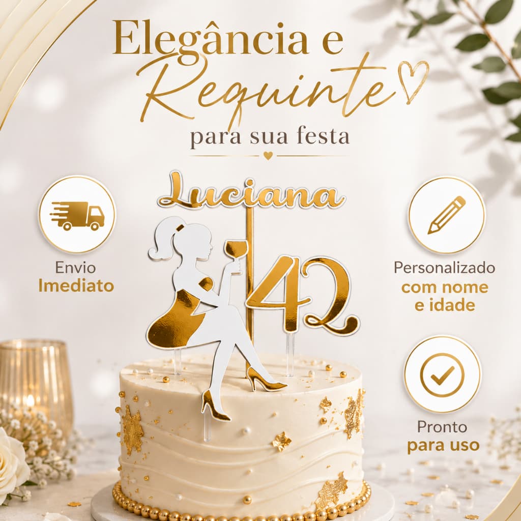 Topo/topper de Bolo Feminino Personalizado Nome e Idade | 40 Anos Luxo Dourado | Papel Off 180g e Laminado