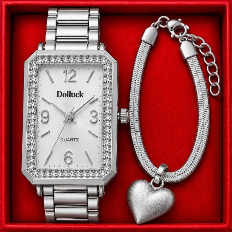 “Kit Relógio Feminino Luxo com Pulseira Coração e Caixa Presenteável”