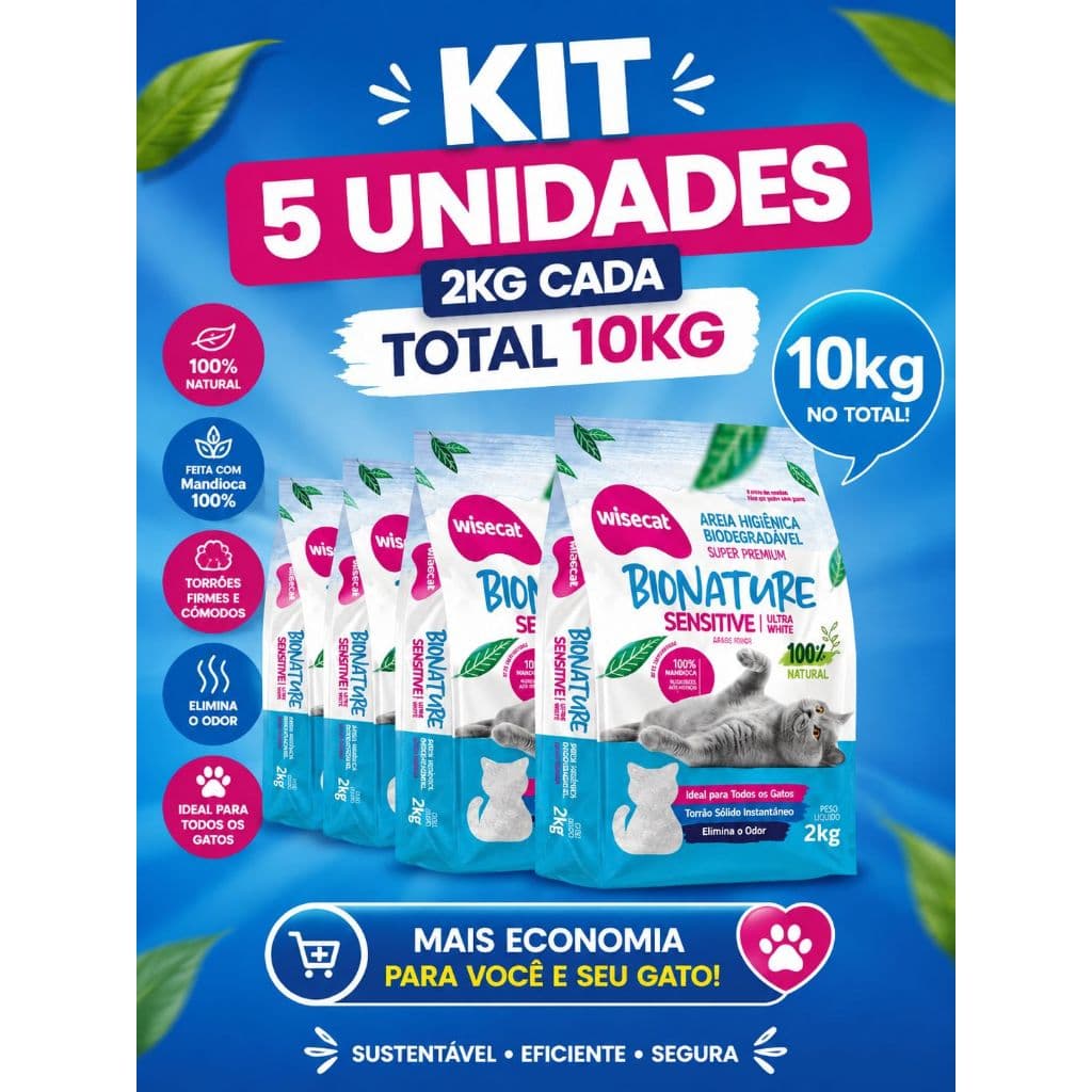 Até 10KG Areia Biodegradável para Gatos Bionature Sensitive Wisecat 2 KG Grãos Finos para gatos