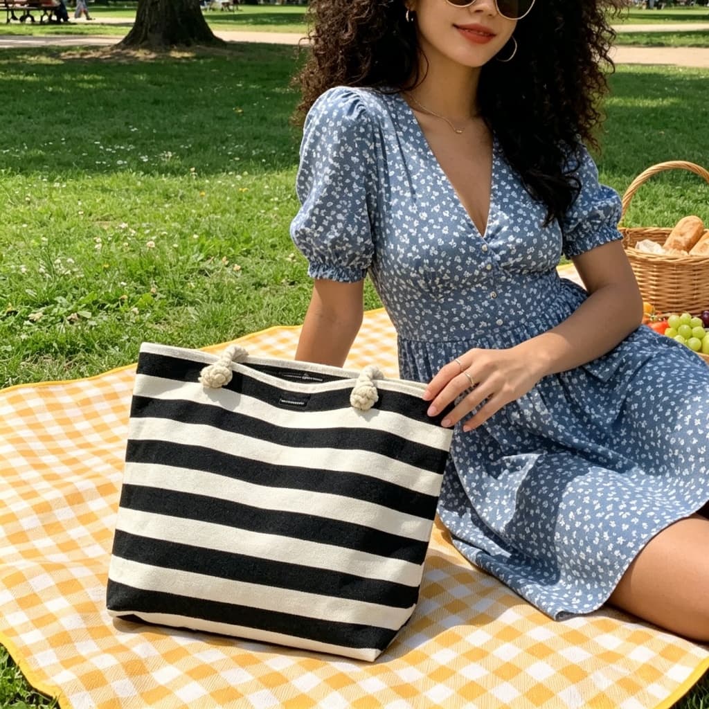 Bolsa de Praia Feminina Listrada Alça de Corda Grande Capacidade Resistente Multiuso Para Notebook Passeio e Trabalho