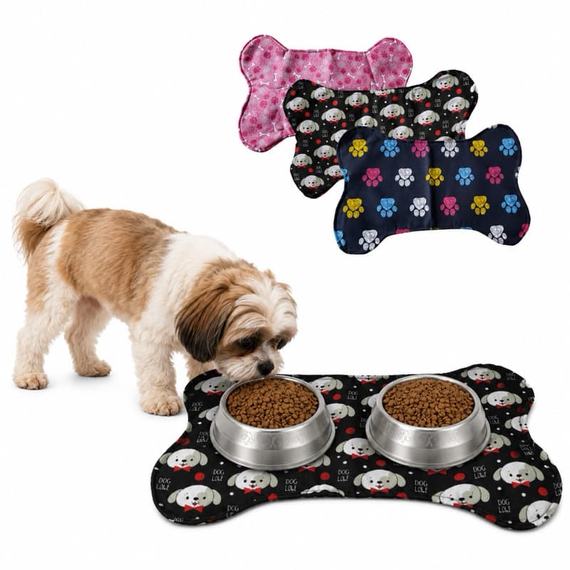 Tapetes Pet Cães Para Tigela Comedouro Pet Animal Osso 50x35 cm com Design de Patas e Cachorros Coloridos