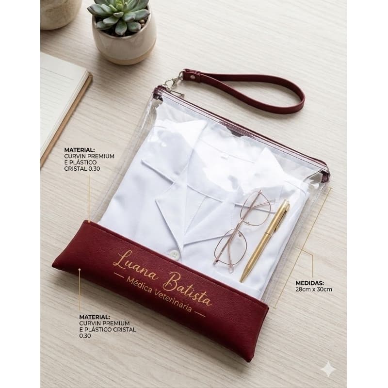 Porta Jaleco Luxo Personalizado – Curvin e Plástico Cristal (28x30cm)