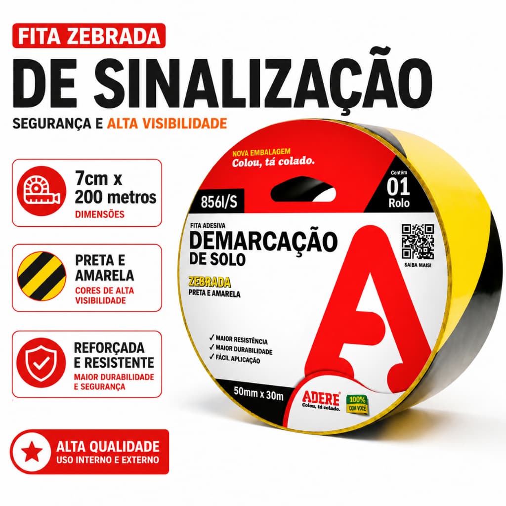 Fita Zebrada De Sinalização Isolamento Adere 70mm 7cm X 200m Amarela Preta Reforçada Pronta Entrega