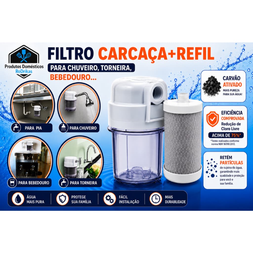 Filtro de Água para Retenção de Cloro com Carvão Ativado. CARCAÇA+REFIL CARBON BLOCK. Remove Cloro