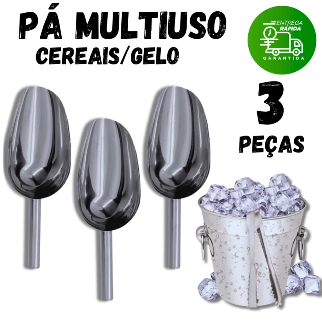 Pá de Inox 1/2 ou 3Concha Pet Pegador Dosador de Gelo Cereal Grão Ração Cozinha Multiuso