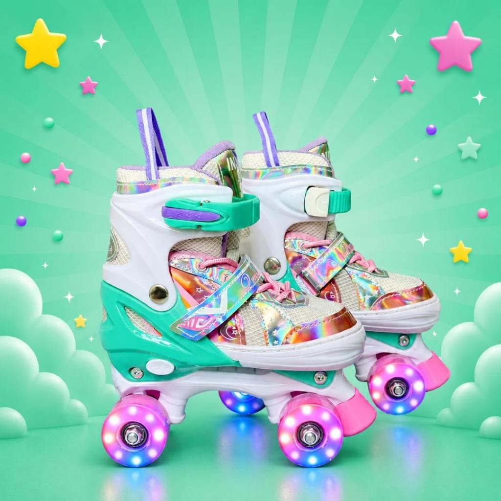Patins Quad Arco Iris 4 Rodas Infantil com Led em todas Rodinhas + Bolsa