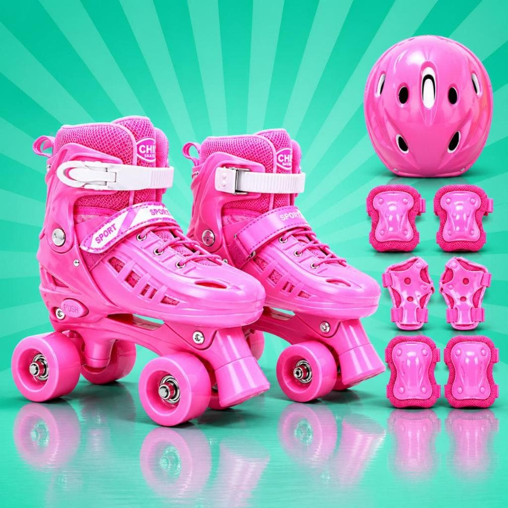 Patins 4 Rodas Quad Infantil Tamanho Regulável 29 até 40 Rosa, Azul e Preto + Bolsa + KIT DE PROTEÇÃO COMPLETO