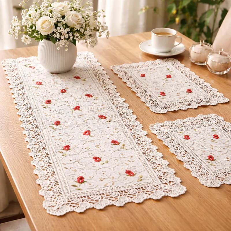 Kit Caminho Trilho De Mesa Renda Bordado 90 X 40 Cm  + 2 Toalhas Bandeja Decoração Guipir Mesa Posta