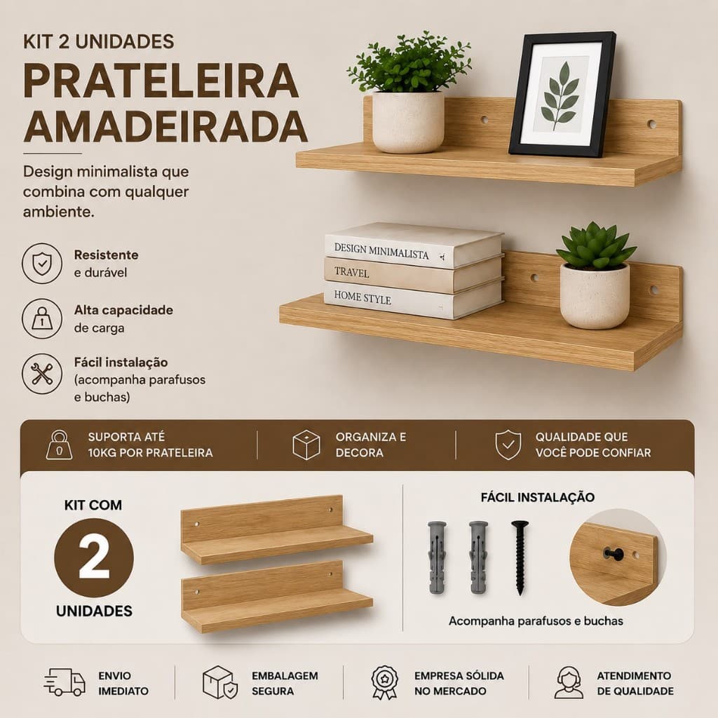 Kit 2 Prateleiras 60 Cm 100% MDF – Amadeirada – Decoração Sala, Quarto e Banheiro Madeira
