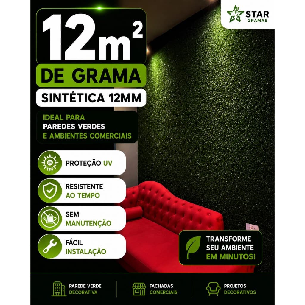 Grama Sintética 12m² para Jardim, Varanda, Pet Fácil, Kids, Paredes Instalação Alta Durabilidade