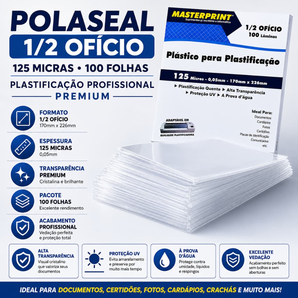 Plástico para Plastificação 1/2 Ofício c/100 lâminas