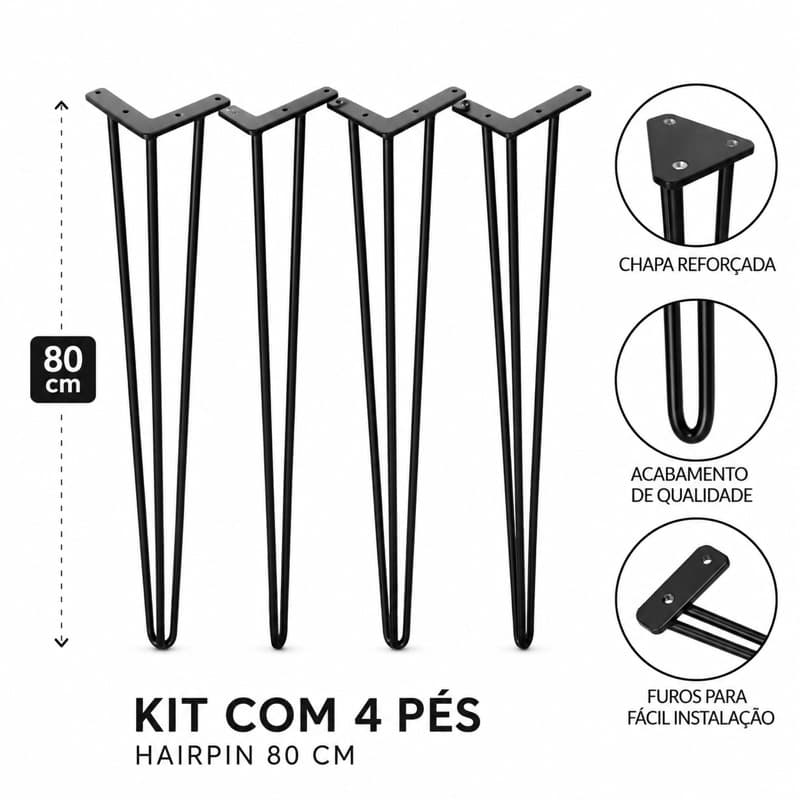 Pés Hairpin 80cm De Ferro Preto Kit com 4 Unidades para Mesa Chapa Reforçada
