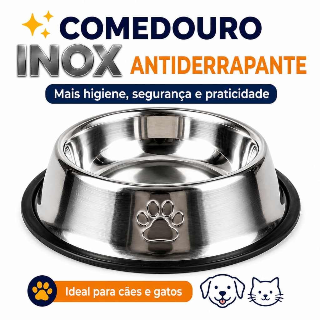 Comedouro Tigela Antiderrapante Aço Inox Resistente Facil Limpeza Seguranca  Caes Gatos