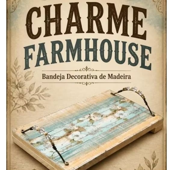 Bandeja Rústica Farmhouse de Madeira com Pintura Artesanal, Alças de Arame e Cristais - 30cm