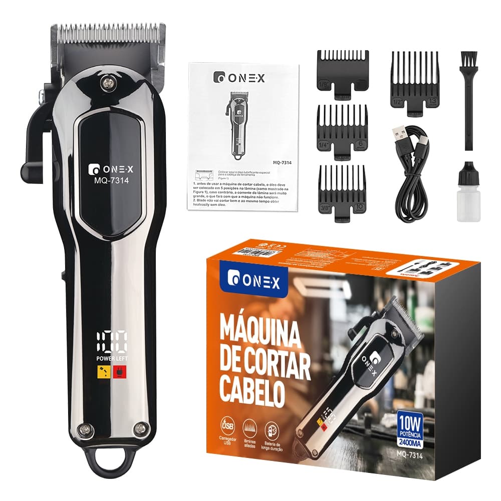 ONEX Máquina de Cortar Cabelo Profissional Recarregável USB Display Digital com 3 Pentes Guia