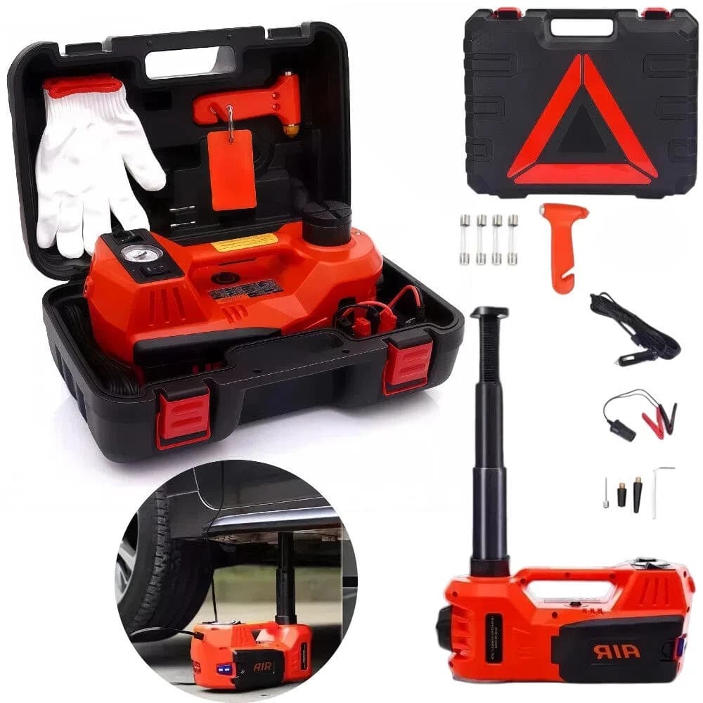 Kit Macaco Elétrico 5T 12V Portátil com Luz LED de Emergência e Caixa de Ferramentas