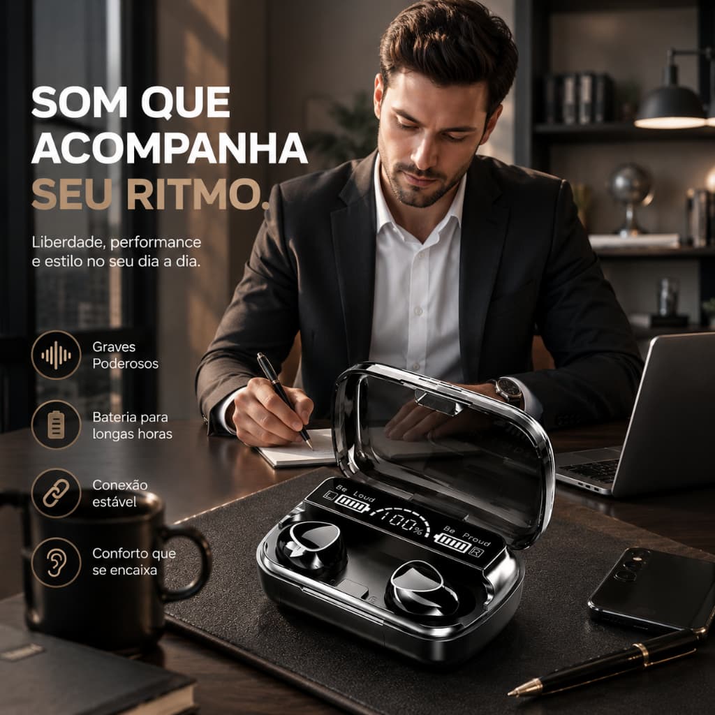 Fone de Ouvido Sem Fio M10 TWS Estéreo, Carregador Portátil com Bateria de Longa Duração
