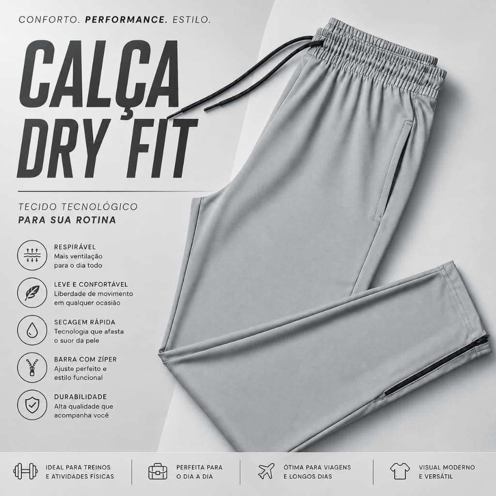 Calça Dry Fit Masculina com Zíper na Barra e Bolsos Frontais Dry Fit