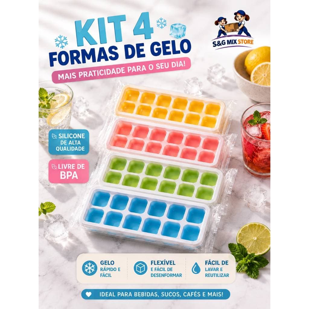 Kit 4 Formas de Gelo Silicone Com Tampa Rígida/ Flexível Fundo Retangular 14 Cubos Multiuso sortido!