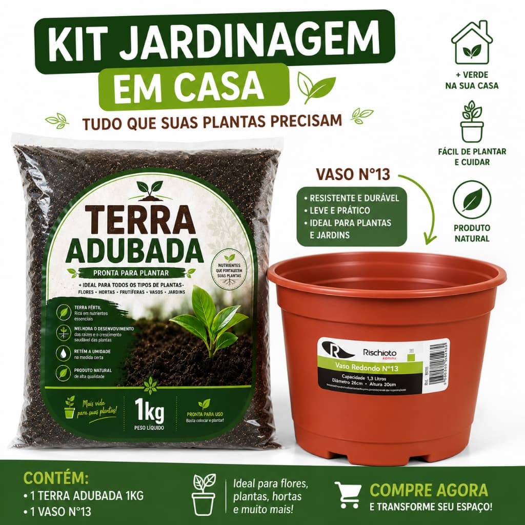Kit Jardinagem Em Casa Terra Adubada 1kg + Vaso N°13 Rischioto Para Plantio