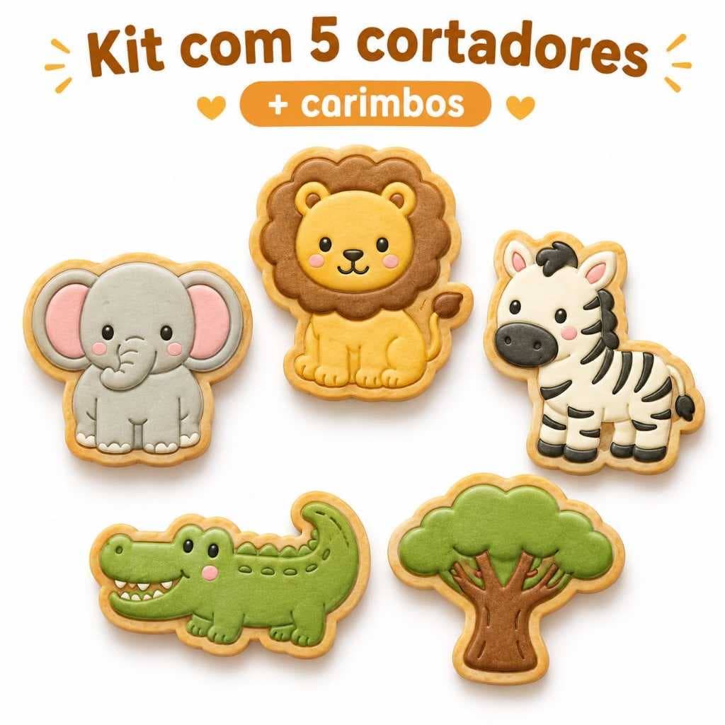 Kit 5 cortador de biscoito com marcador, carimbo tema animais fazendinha cortador massinha molde safari
