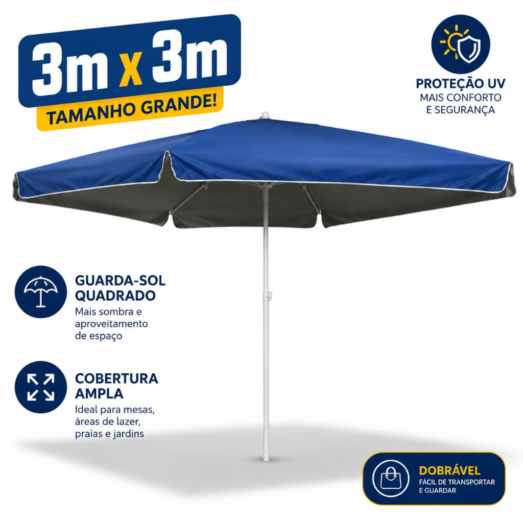 Guarda Sol Quadrado Gigante 3M Aberto Reforçado Contra Uv Para Praia
