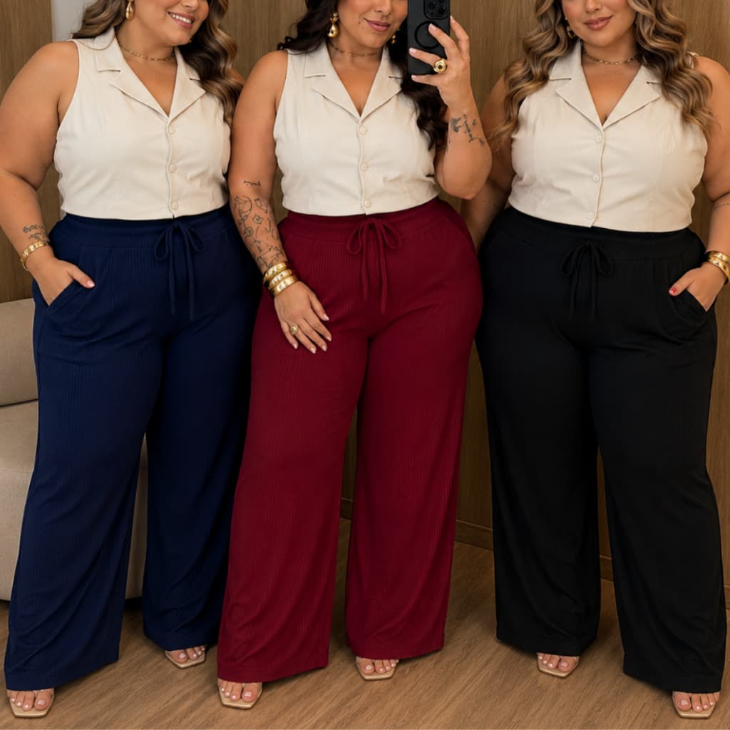Kit 2 Calça Feminina Pantalona Plus Size Algodão Com Bolso e Elastico na cintura Curvy +