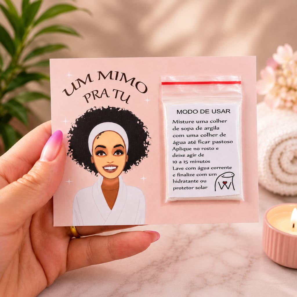 Mimo cartão e argila mulher negra lembrancinhas para clientes linda mulher autoestima bem estar