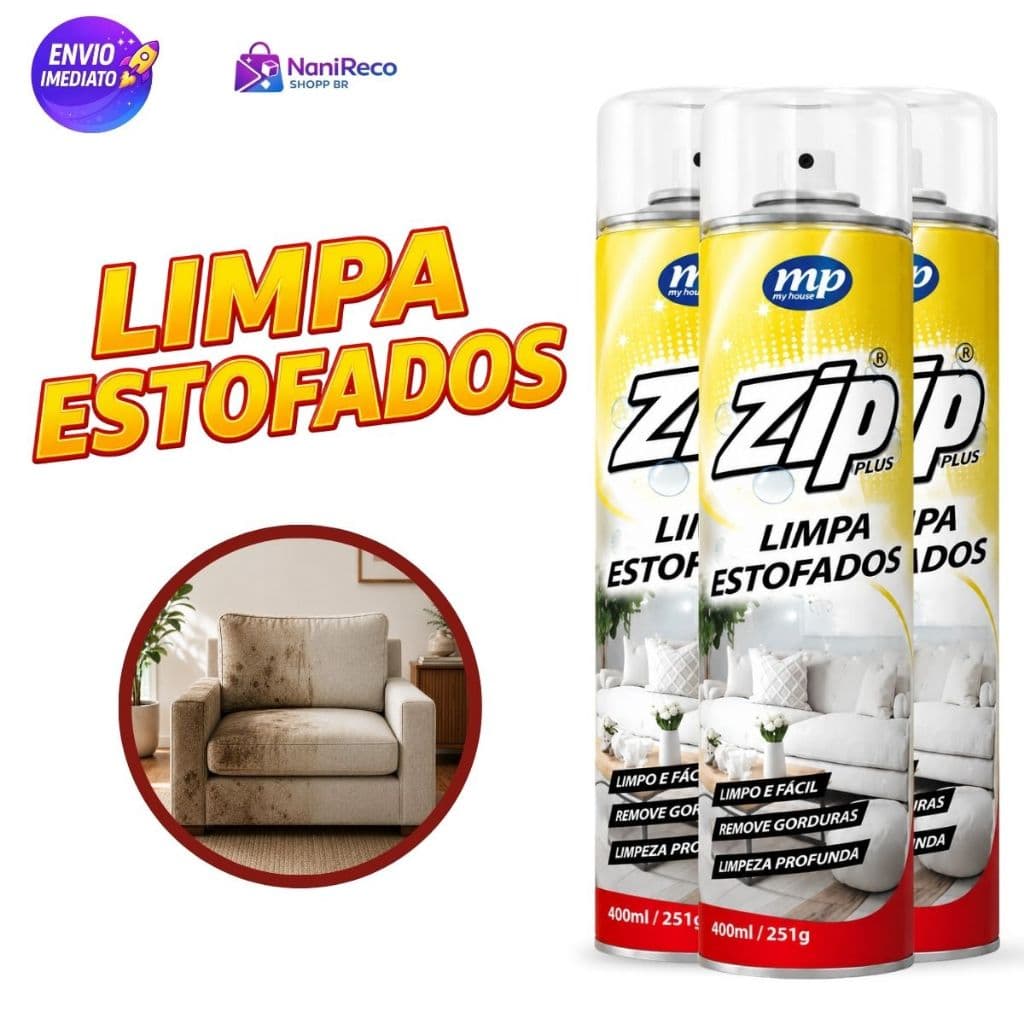 Limpa Estofados Spray ZIP 300ml Limpeza Profunda para Sofás Carpetes Bancos Automotivos Remove Manchas e Odores