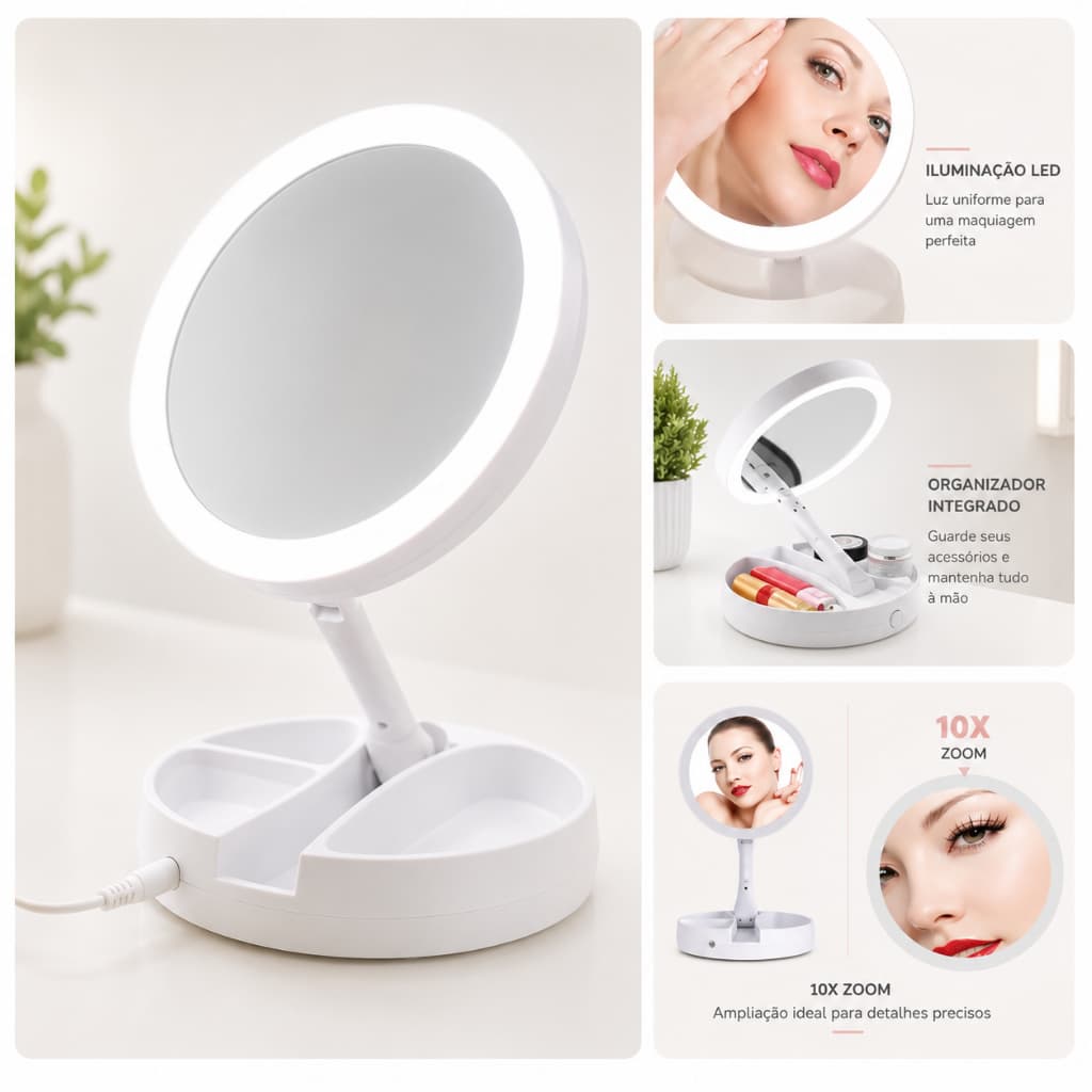 Espelho de Mesa com LED e Aumento 10x Dobrável, Ideal para Maquiagem