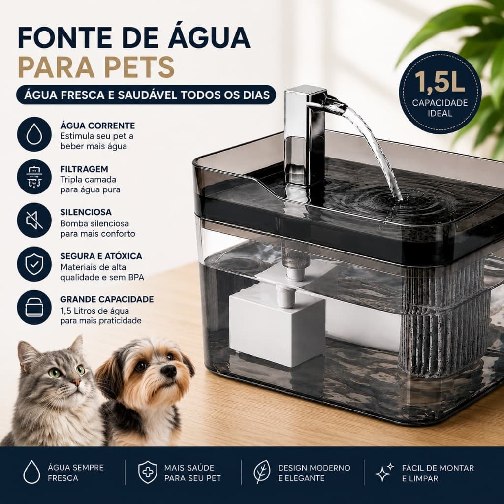 Fonte Água Automática Pet 1,5L Bivolt Silenciosa com Filtro | Bebedouro para Gatos, Cachorros Pets