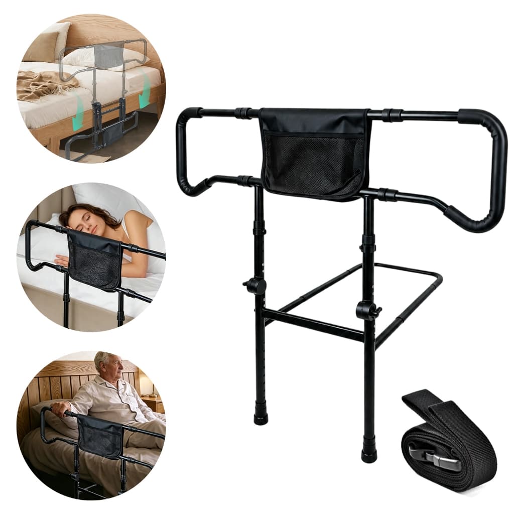 Grade de Proteção e Barra de Apoio Rebatível para Cama com Bolsas Ajustável para Idosos e Crianças